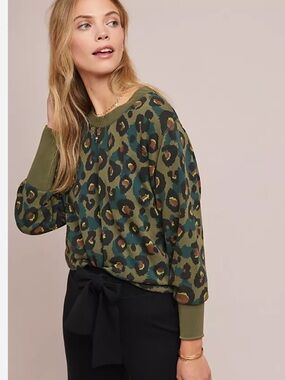 Anthropologie Olive Green Leopard Print Sweatshirt